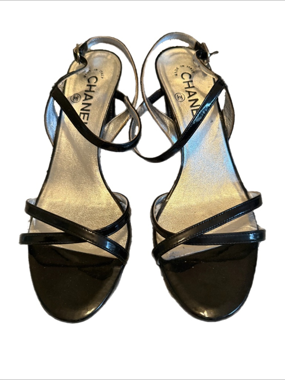 Chanel Black Patent Leather Strappy Sandals Heeled Slingback 38.5